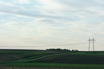 Obraz na płótnie Canvas Picturesque fields of Altai. Wires of electric voltage.