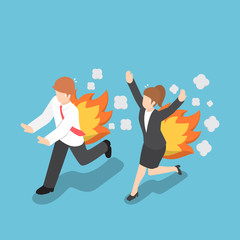 Isometric Businessman Running with Back on Fire