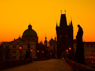 Charles Bridge at sunset time, Old Town of Prague, Czech Republic.