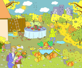 Children's book illustration, postcard. Autumn scenery, pastime, school children go to school, the girl collects leaves, watermelon on the table, yellow and orange pumpkins grow in the garden.