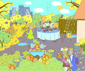 Children's book illustration, postcard. Autumn scenery, pastime, school children go to school, the girl collects leaves, watermelon on the table, yellow and orange pumpkins grow in the garden.
