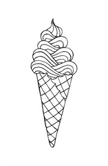 Vector doodle ice cream in a waffle horn. Hand drawn black and white illustration