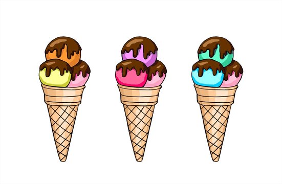 Set of vector doodle ice cream in a waffle horn with chocolate. Hand drawn illustration.