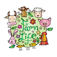 Farm life animals. Cartoon style.