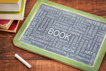 book word cloud on a slate blackboard with chalk
