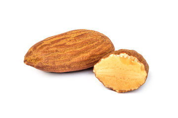 almond and a half cut isolated on the white background, close up group of healthy nuts almonds.