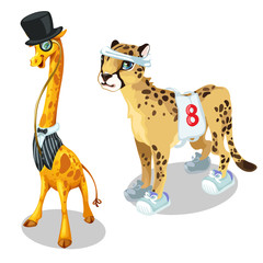 Fototapeta premium Giraffe in suit and leopard in sports uniform