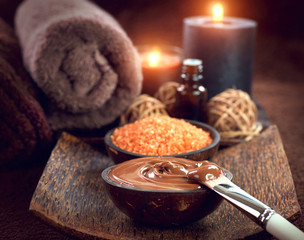 Spa treatment. Chocolate mask, bath salt, brown sugar scrub for skin