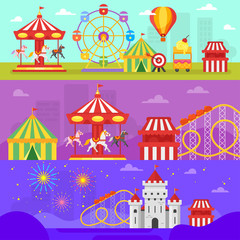 Vector flat style set of amusement park for kids banners