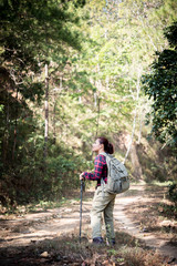 Young woman backpacker hiking in forest on mountain.