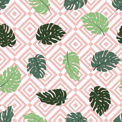 Exotic leaves and geometrical ornament. Seamless hand drawn tropical  pattern. Vector background with monstera and  rhombus.