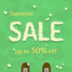 Flat summer sale vector banner, poster, flyer. Fresh creative design of sale template. Vector illustration with flowers on grass and old ragged shoes.