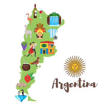 illustration of Argentina map with Argentinian national cultural symbols. 