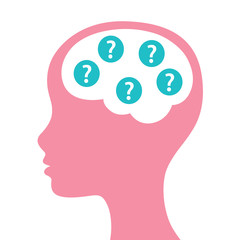 Female head with questions in brain.