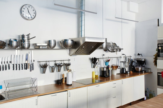 Various kitchenware on workplace of chef