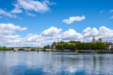 Fototapeta na wymiar Pont d'Avignon, Rhone river, Palace of Popes - Palais des Papes - in Avignon, France, UNESCO World Heritage Site