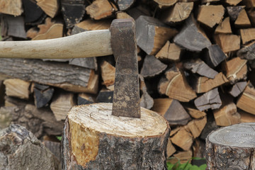 Axe with stacked wooden bark