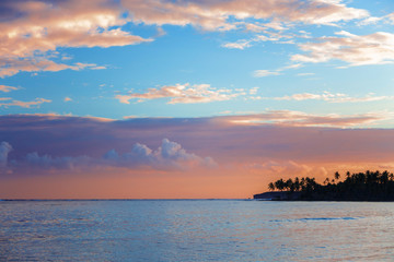 Fototapeta premium Splendid blue orange tropical sunset. black silhouette of beaches and palm trees on background of sunset sky