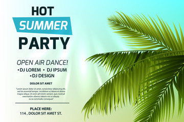Hot summer party invitation concept. Text on light background. Green palm leaves and sun rays. Colorful vector template for flyer, banner, web page, advertising, poster.
