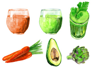 Healthy food. Carrot juice in glass, avocado, artichoke