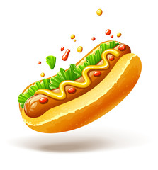 Hot dog with sausage lettuce and mustard drops of ketchup.