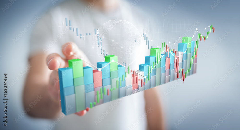 Poster businessman using digital 3d rendered stock exchange stats and charts