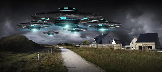 Acrylic prints UFO UFO invasion on planet earth landascape 3D rendering
