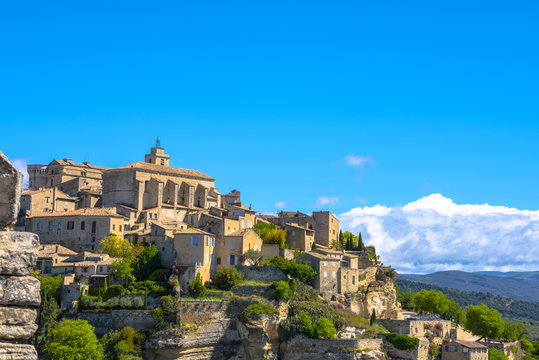 View on Gordes, a small typical town in Provence, France. Beautiful village, with view on roof and landscape