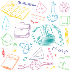 Colorful Hand Drawn School Symbols. Children Drawings of Ball, Books,Pencils, Rulers, Flask, Compass, Arrows.
