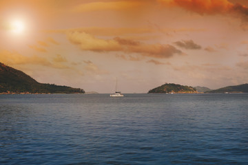 Tropical Seychelles. Palm trees and Indian Ocean of Praslin Island at sunset.