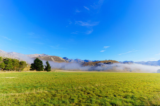 Beautiful fog covering Castle Hill in the morning , between Darfield and Arthur's Pass , South Island of New Zealand