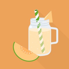 melon smoothie in mason jar with ripe of melon, flat design