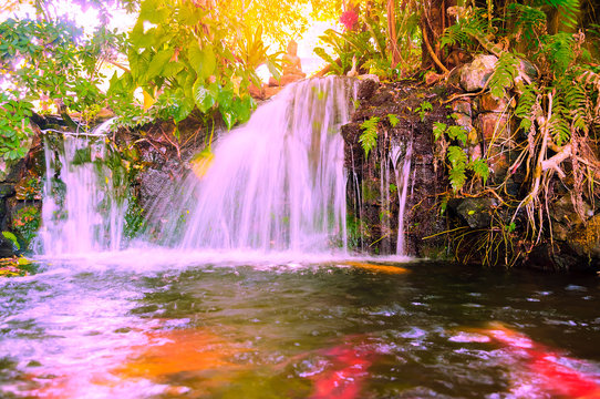 small mountain waterfall in the tropical jungle, Selective focus on stone near waterfall