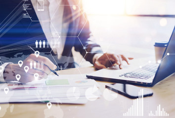 Concept of digital diagram,graph interfaces,virtual screen,connections icon.Businessman working at...