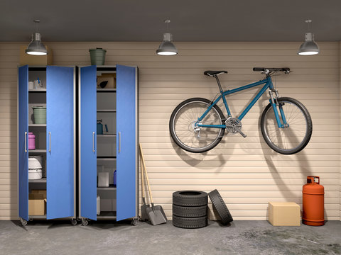 garage with many things and bicycle, 3d illustration