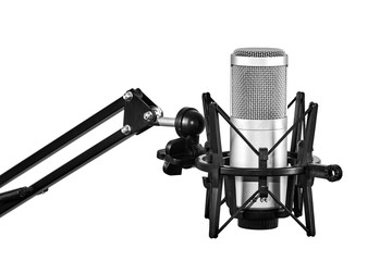 Professional studio microphone attached to shock mount, isolated on white background