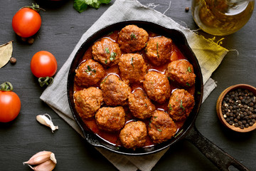 Meatballs with tomato sauce in frying pan
