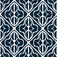 Monochrome dark blue seamless pattern on white. Repeated ornamental texture. Abstract background. Designed for prints, fabric, textile, napkin, decor and other.