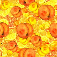 Naklejka na ściany i meble Seamless watercolor pattern with a floral pattern of berries,Orange slices, lemon, plants and fruit peach. Beautiful vintage pattern in red, pink And orange shades. Fashionable background..