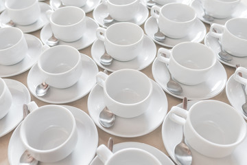 Group of empty coffee cups of white cup for service tea or coffee in breakfast or buffet and seminar event of catering and cocktail.
