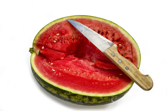 Cut slices of watermelon with knife, magnificent watermelon pictures

