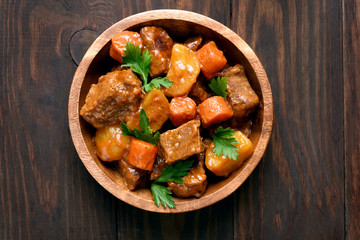 Goulash in bowl, top view