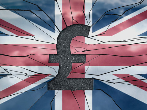 British Pound shaped on the British flag glassy surface. Crisis concept.