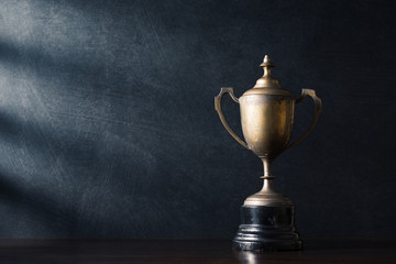 old trophy against art dark background with window light at left