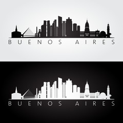 Buenos Aires skyline and landmarks silhouette, black and white design.