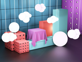 Showcase cube displays. Exhibition space. Colorful showroom, blocks stacked together 3D illustration