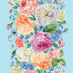 Watercolor seamless vertical border with blooming peonies, roses