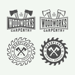 Set of vintage carpentry, woodwork and mechanic labels, badges, emblems and logo. Vector illustration. Monochrome Graphic Art.