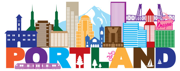 Portland Oregon Skyline and Text Color vector Illustration