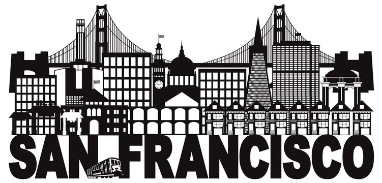 San Francisco Skyline and Text Black and White vector Illustration